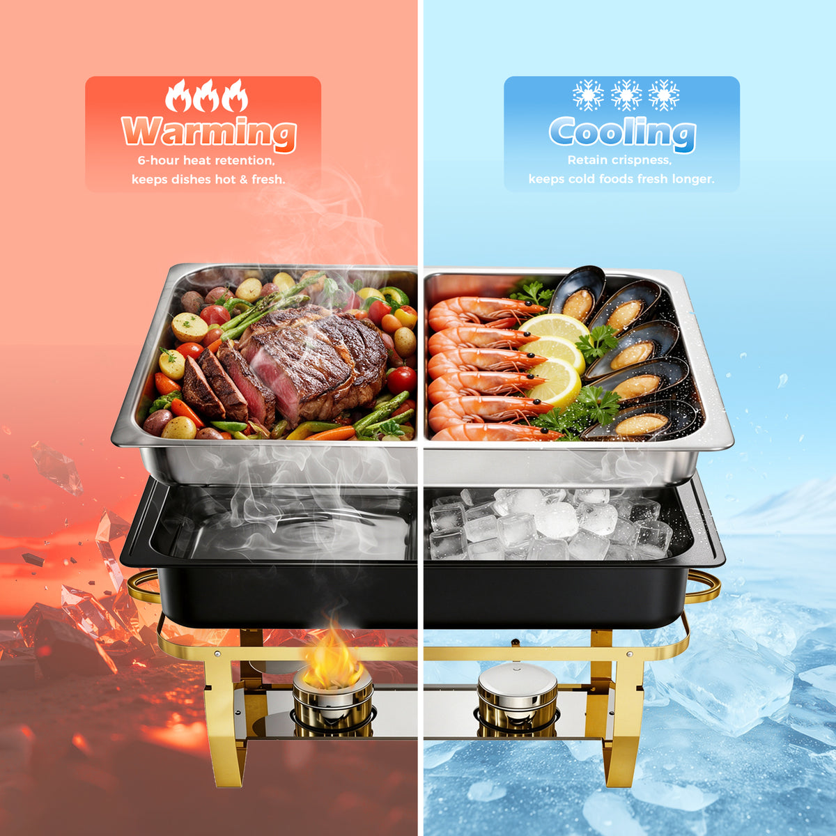 CATGOOD 9QT Black Gold Chafing Dishes for Buffet 4 Pack, Chafing Dish Buffet Set, Stainless Steel Buffet Warmer with Corrosion-Resistant Build, Food Warmers for Parties, Buffet Servers