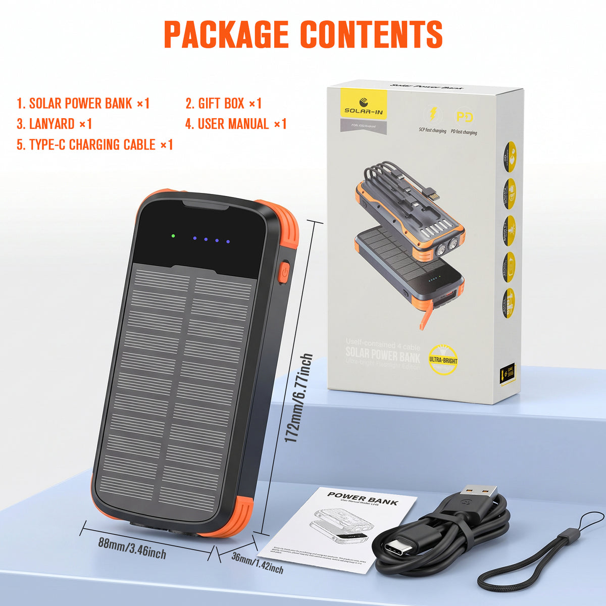 40000mAh Solar Power Bank Orange, Portable Charger 20W PD Fast Charging, Solar Charger Power Bank W/4 Built-in Cables & 9 Charging Ways, Waterproof Dual LED Flashlights for Camping Hiking