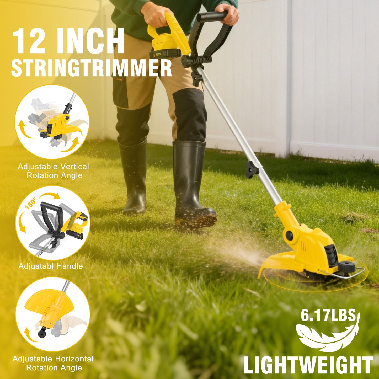 CATGOOD Cordless Weed Wacker, 12 Inch Electric String Trimmer with 10 lines and 2 Batteries, 3-in-1 Lawn Edger with Pivoting Head, Yellow