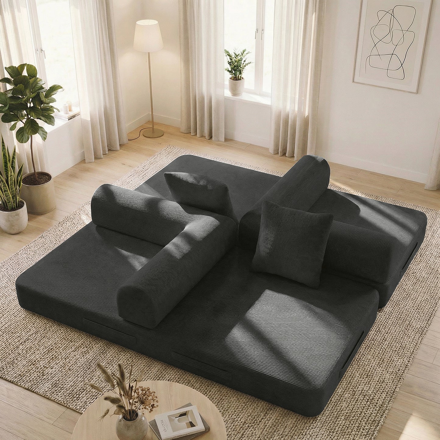 CATGOOD Sectional Couch for Living Room, Convertible Sofa Bed with Soft Corduroy, 78 Inch Modular Futon Couch Free Assembly, Gray