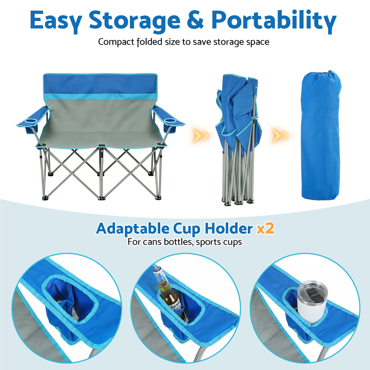 BAOKALER Double Camping Chair for 2 Person, Folding Loveseat Outdoor Chair with 2 Cup Holders, High Back Portable Camping Couch for Beach Picnic, Supports 660 LBS
