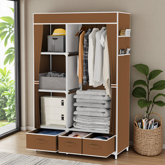 BAOKALER Clothes Storage with 3 Drawers and 4 Side Pockets, Clothes Hanging Rack with Cover, 16mm Metal Tube Frame Closet Organizer for Bedroom, Living Room, Closet, Garage, Dorm, Coffee