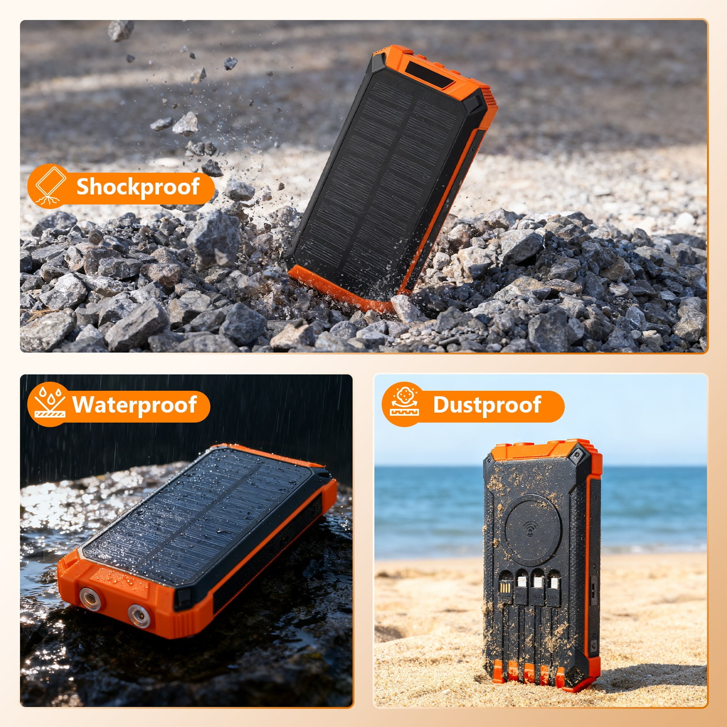 CATGOOD 46800mAh Solar Power Bank, 22.5W Fast Charging Portable Charger with 4 Built-in Cables & 10W Wireless Charging, Travel Battery Pack with Camping Flashlight(Orange)