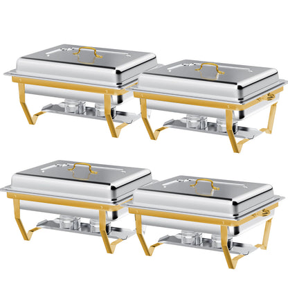 CATGOOD Chafing Dish Buffet Set 4 Pack, 8QT-9QT Rectangular Semi-Gold-Plated Stainless Steel Chafing Dish Set, Buffet Warmer for Hotel Catering, Parties, Weddings, Gold