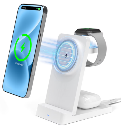 Magnetic Wireless Charger,3 in 1 Portable Charger Charging Station Compatible for iPhone 17 16e 16 15 14 13 12 11 X Pro Max & iWatch-Wireless Charging Dock for AirPods 4 3 Pro,White