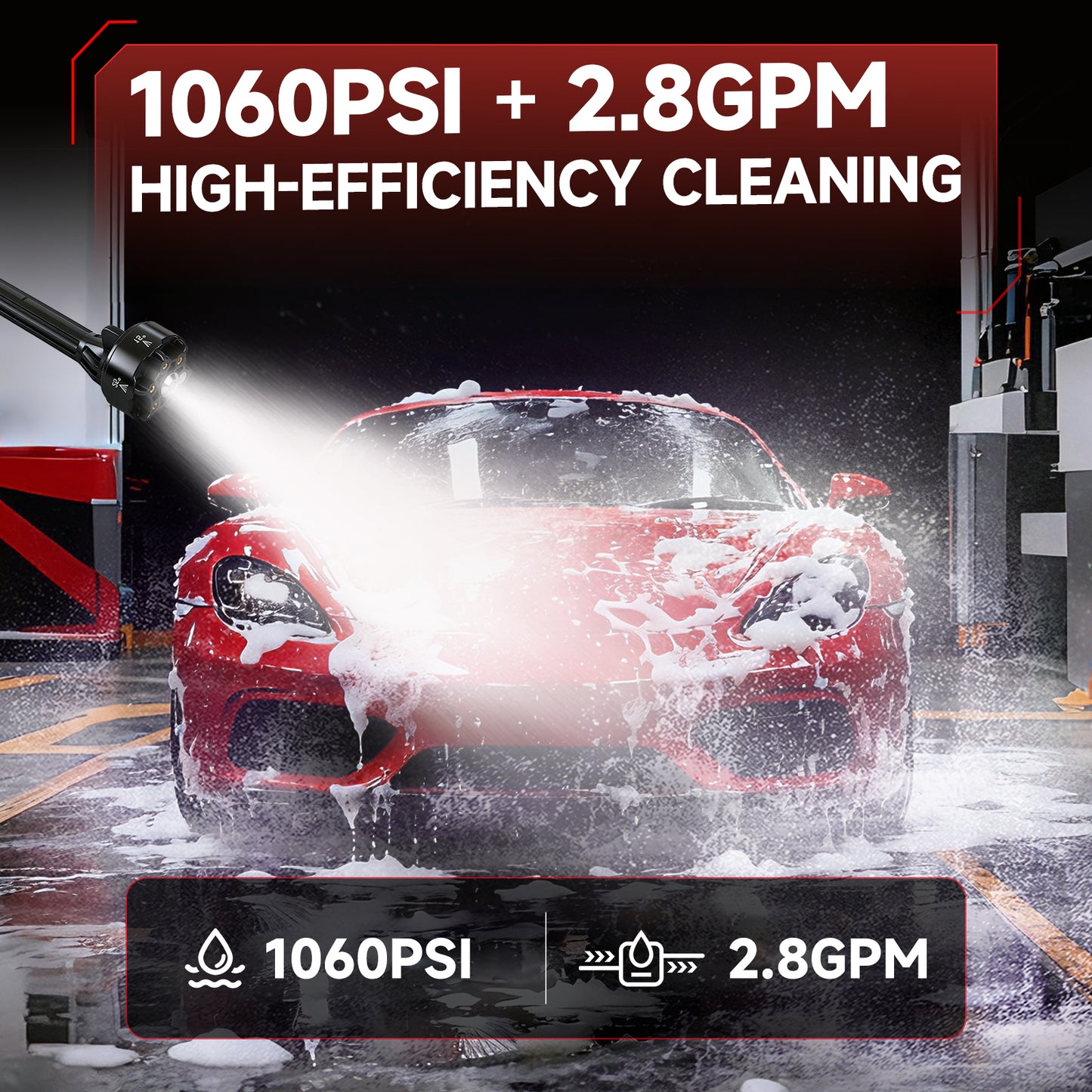 Cordless Pressure Washer, 1060PSI Portable Power Washer with LED Display, 2.8GPM Power Cleaner with 6-in-1 Adjustable Nozzle, 16.4ft Hose for Cars/Patios, Black