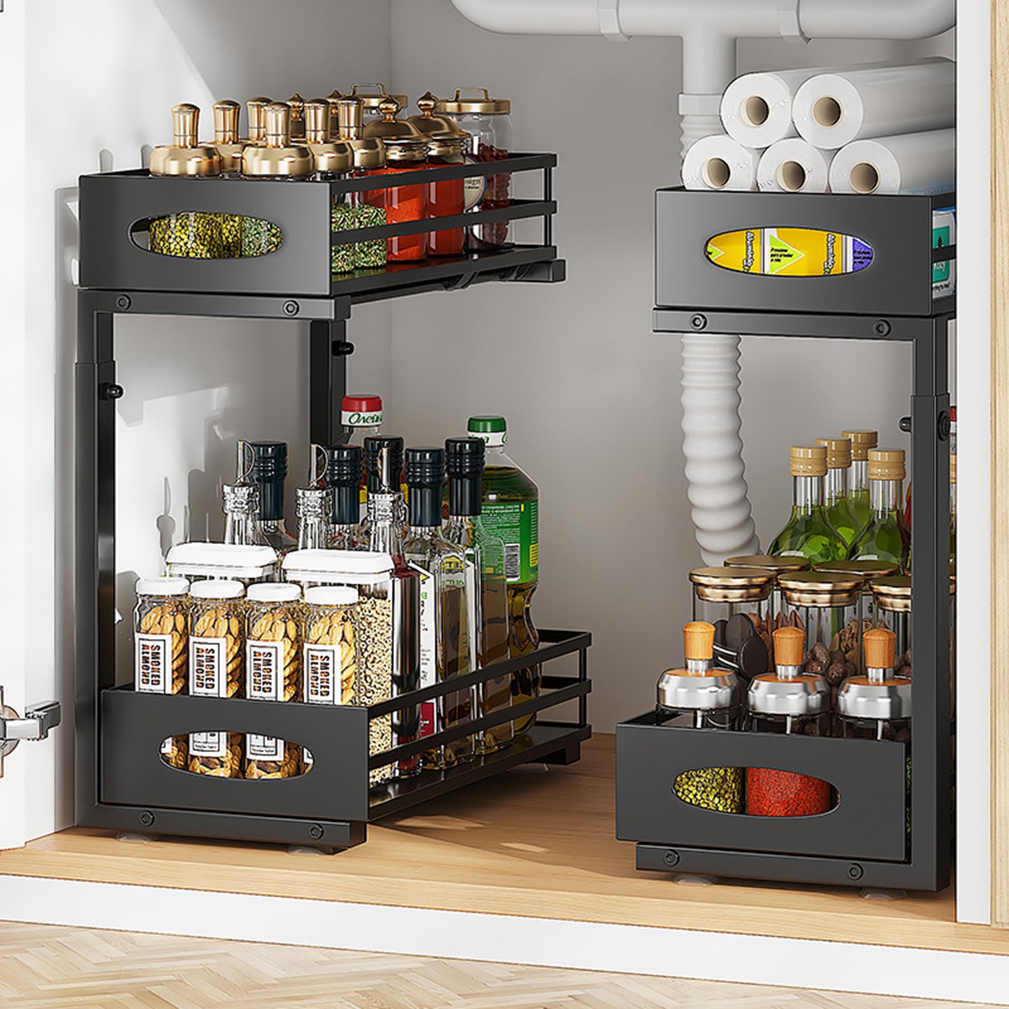 2 PACK Under Sink Organizer, Pull Out Kitchen Cabinet Organizer, 2 Tier Slide Out Steel Under Sink Storage Shelf for Kitchen Pantry Bathroom, Black