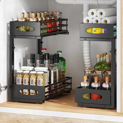 2 PACK Under Sink Organizer, Pull Out Kitchen Cabinet Organizer, 2 Tier Slide Out Steel Under Sink Storage Shelf for Kitchen Pantry Bathroom, Black