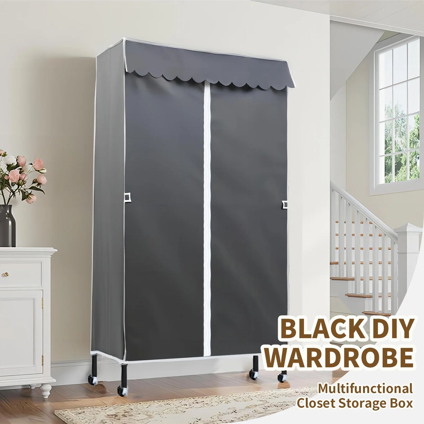 Rolling Garment Rack with Dust Cover, Heavy Duty Clothes Rack on Wheels, Freestanding Wardrobe Rack with 2-Tier Storage Shelf Hanging Rod Gray Cover, 35.4"x17"x72.4" Black Rack