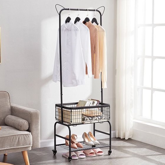 ALSO GO Rolling Laundry Cart with Clothes Rack, Multifunctional Laundry Butler with Basket, Hamper Cart with Lockable Wheels, Black