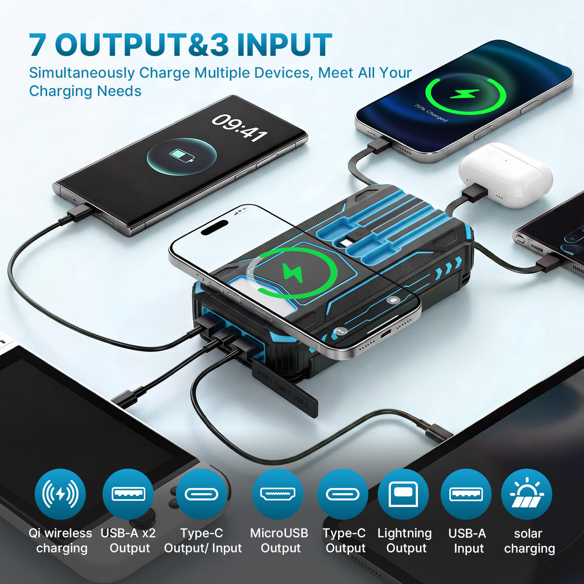 Solar Power Bank 46800mAh, PD15W Fast Charging Solar Charger with 4 Built-in Cables & Wireless Charging, Portable Solar Charger for Cell Phone, Solar Battery Pack for Camping (Blue)