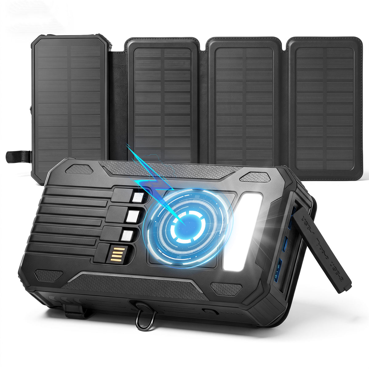Solar Power Bank 46800mAh, PD15W Fast Charging Solar Charger with 4 Built-in Cables & Wireless Charging, Portable Solar Charger for Cell Phone, Solar Battery Pack for Camping (Black)