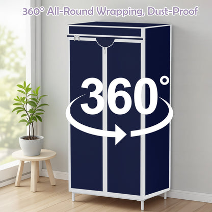 Wardrobe Closet Organizer with Hanging & Folding Sections, Clothing Rack Storage for Clothes, Dustproof Full-Cover Standing Closet for Bedroom, Apartment, Dorm, Navy Blue
