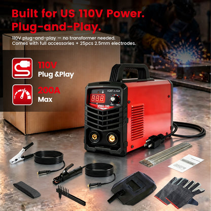 BAOKALER Stick Welder Kit 200A Digital Display 110V Mini ARC MMA IGBT Inverter Welder, Hot Start Anti-Stick Arc Force, Portable with Dual USB, 20 Rods