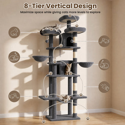80" Cat Tree Tower, Big Cat Tower for Multiple Adult Cats, Multi-Level Tall Cat Tree with 3 Platforms, 2 Condos, 2 Hanging Basket, Hammock and Scratching Frame for Indoor Kitties, Dark Grey