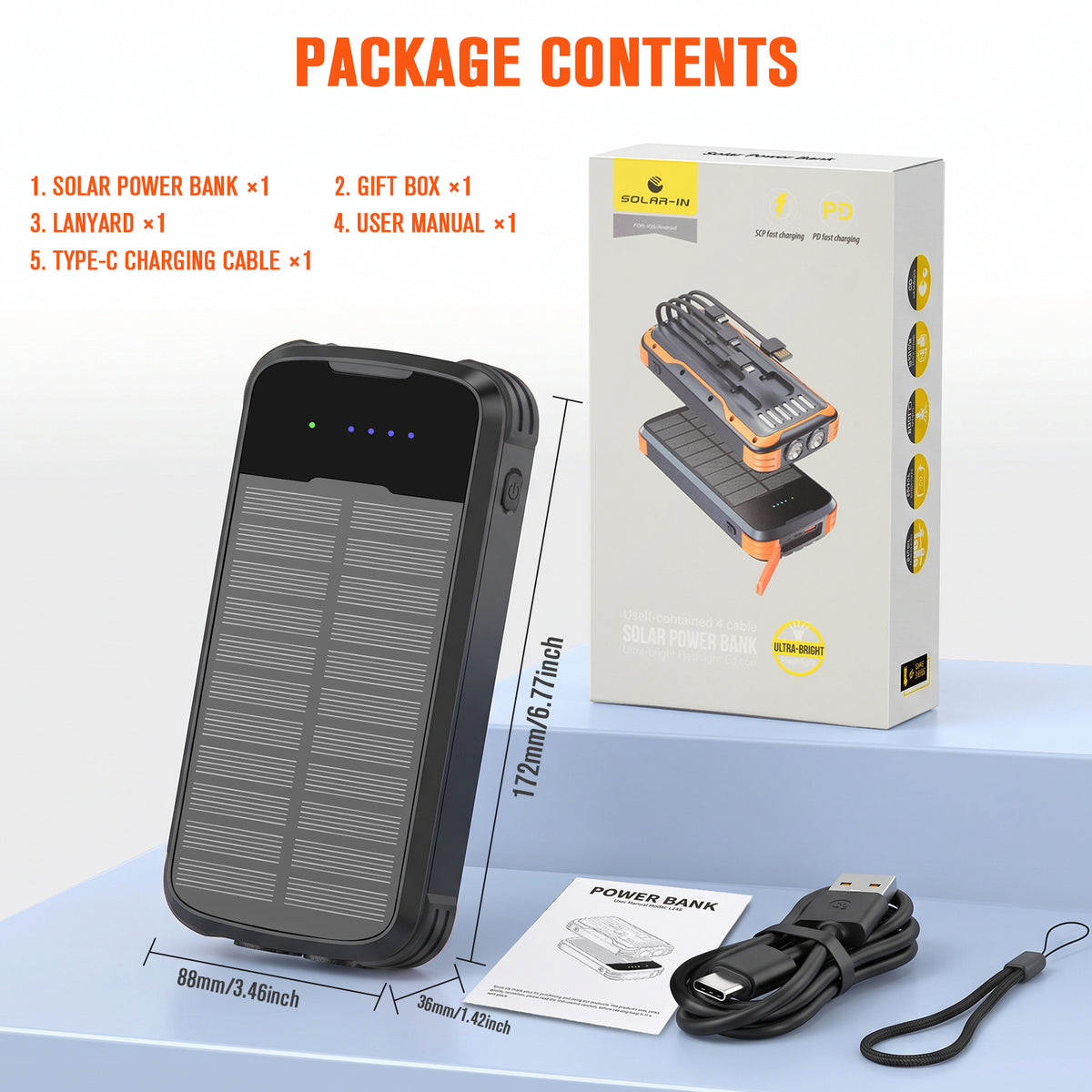 40000mAh Solar Power Bank Black, Portable Charger 20W PD Fast Charging, Solar Charger Power Bank W/4 Built-in Cables & 9 Charging Ways, Waterproof Dual LED Flashlights for Camping Hiking