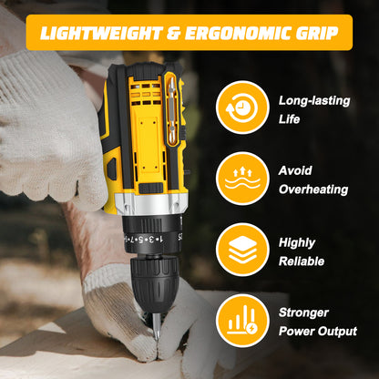 21V Cordless Drill Set, Electric Power Drill 50Nm with 3/8 Inch Keyless Chuck, 25+1 Clutch Compact Driver Drill with Work Light, Dual-Speed Power & 2 Battery and Fast Charger