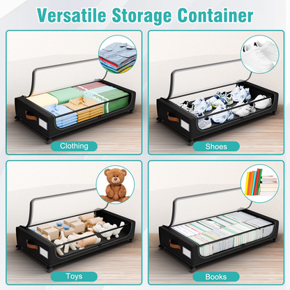 Under Bed Storage with Wheels, Under Bed Storage Containers, Under the Bed Storage Organizer with Clear Lids - Rolling Drawers & Bins for Clothes,Shoes,Toys, 2-Pack (Black)