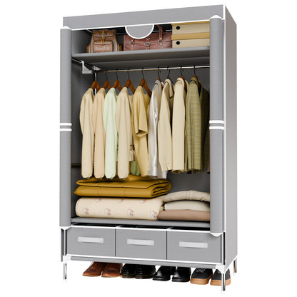 19mm Pipe Non-Woven Fabric Wardrobe with Hanging Space for Coats and Bags, Sturdy & Easy to Assemble, Includes 3 Storage Drawers, Ideal for Rentals, Dorms, Bedrooms, Gray