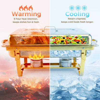 Gold Chafing Dish Buffet Set 1 Pack, 9QT Rectangular Chafing Dishes for Buffet, 3-Compartment Party Food Warmer with Lid & Foldable Frame for Catering Events, Banquets