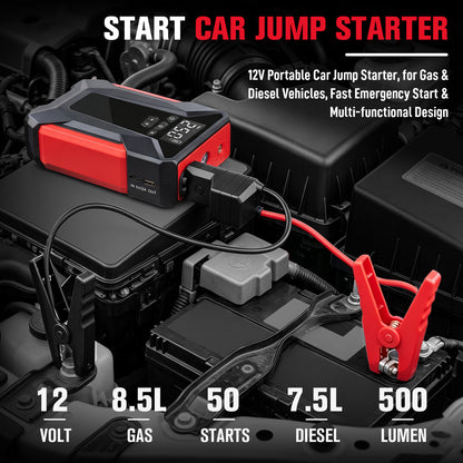 5 in 1 12V Car Jump Starter with Air Compressor, 1200A Peak Portable Jump Pack, 150PSI Digital Tire Inflator, 6000mAh Power Bank with LED Light for Cars Trucks SUVs