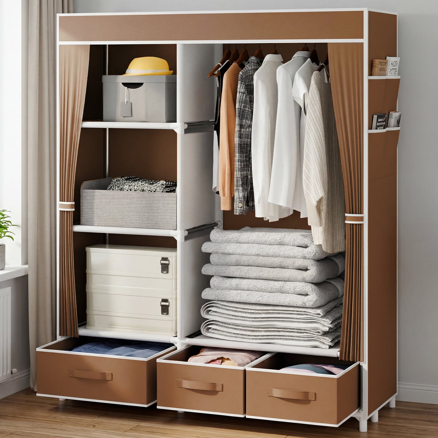 BAOKALER Clothes Storage with 3 Drawers and 4 Side Pockets, Clothes Hanging Rack with Cover, 16mm Metal Tube Frame Closet Organizer for Bedroom, Living Room, Closet, Garage, Dorm, Coffee