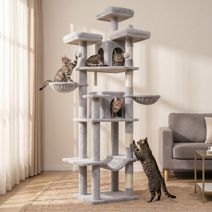80" Cat Tree, Big Cat Tower for Multiple Adult Cats, Multi-Level Tall Cat Tree with 3 Platforms, 2 Condos, 2 Hanging Basket, Hammock and Scratching Frame for Indoor Kitties, Light Gray