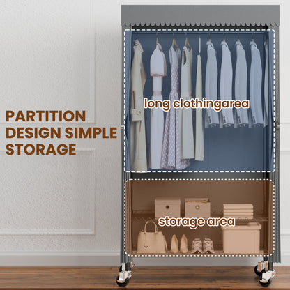 Heavy Duty Wardrobe Rack with Gray Dust Cover, Rolling Garmet Racks with Covers, Freestanding Garment Rack and Cover with 2-Tier Storage Shelf Wheels Hanging Rod Cover, 35.4"x17"x72.4", Black