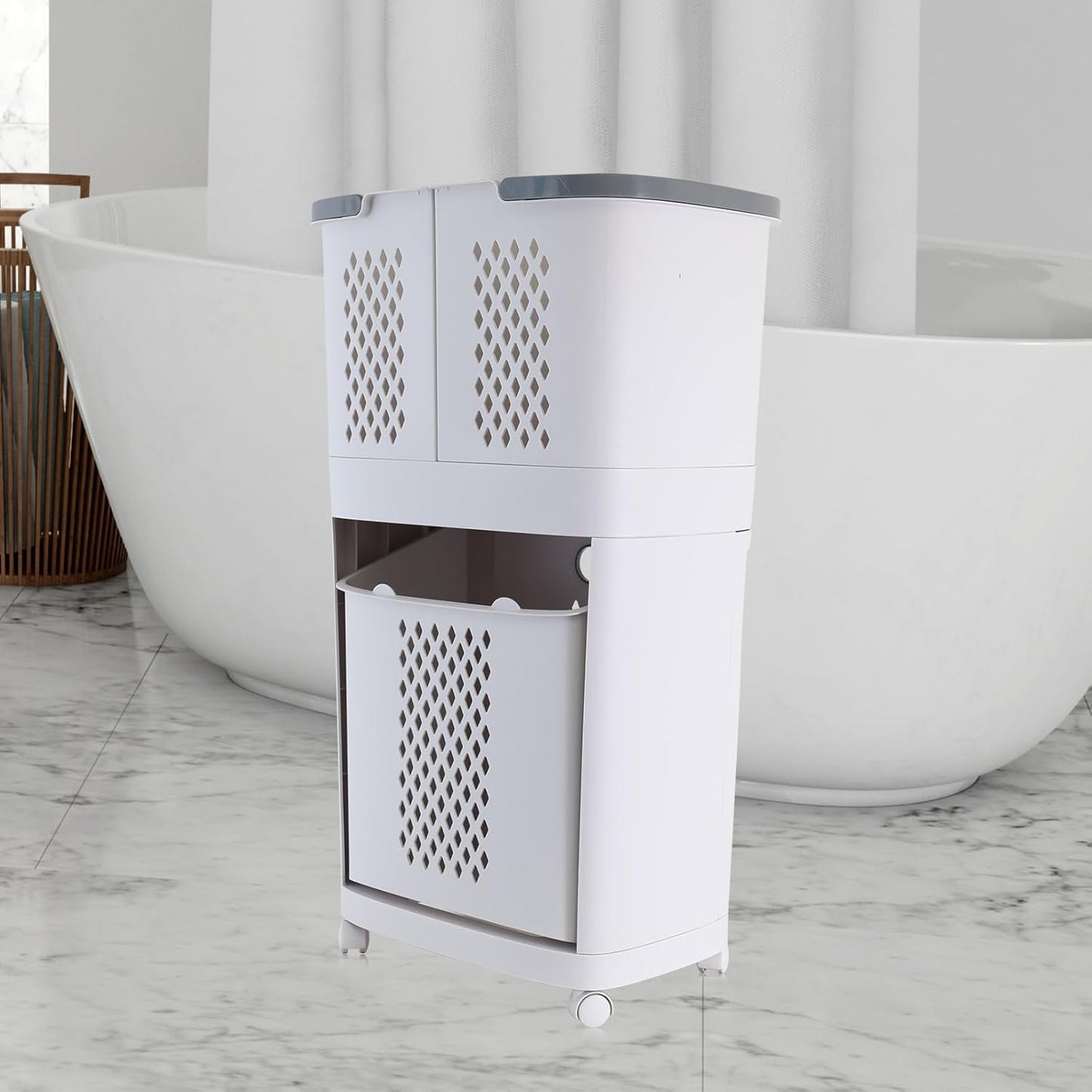 2 Tier Rolling Laundry Hamper Sorter, Removable Laundry Basket Cart with Wheels and Handle, White Portable Storage Baskets with 3 Deep Baskets for Kitchens, Bathrooms, Bedrooms and Laundry Rooms