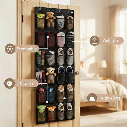 Over The Door Hanging Shoe Organizer, 24 Large Breathable Mesh Pockets, 2 Pack Hanging Shoe Storage Organizer, Black