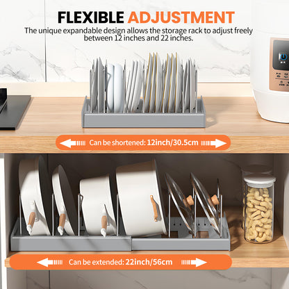 CATGOOD Extendable Pot and Pan Organizer for Kitchen Cabinets, Expandable Utensil Storage Rack, with 12 Adjustable Shelves, Gray