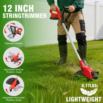 CATGOOD Cordless Weed Wacker, 12 Inch Electric String Trimmer with 10 lines and 2 Batteries, 3-in-1 Lawn Edger with Pivoting Head, Red
