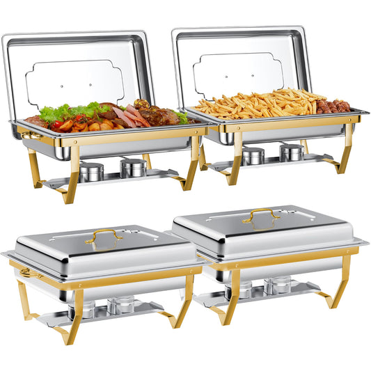 CATGOOD Chafing Dish Buffet Set 4 Pack, 8QT-9QT Rectangular Semi-Gold-Plated Stainless Steel Chafing Dish Set, Buffet Warmer for Hotel Catering, Parties, Weddings, Gold