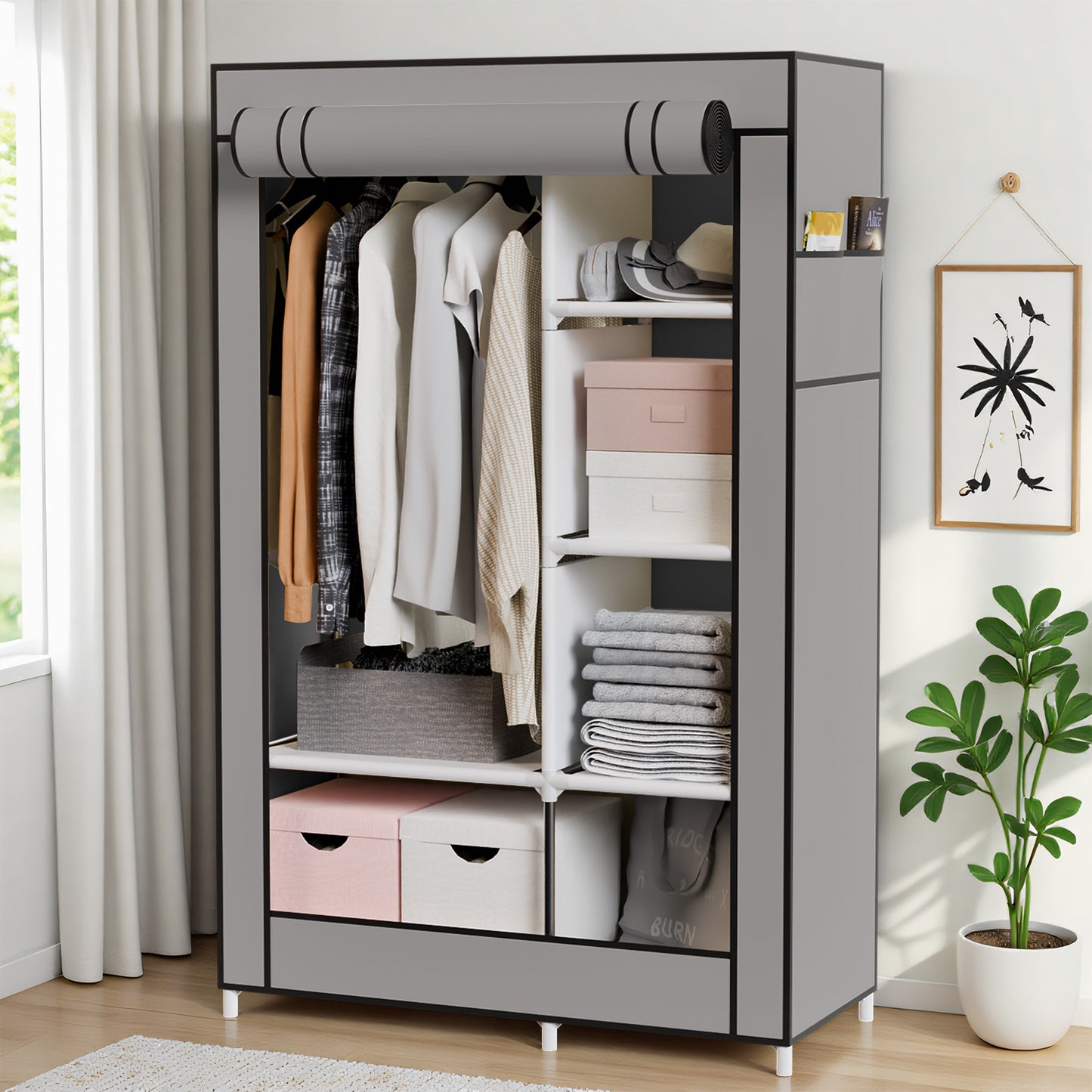 BAOKALER Portable Closet Clothes Garment Rack, Wardrobe Organizer with 6 Shelves & 1 Hanging Rod, 4 Side Pockets for Bedroom, Living Room, Cloakroom, Dorm, Apartment, Gray
