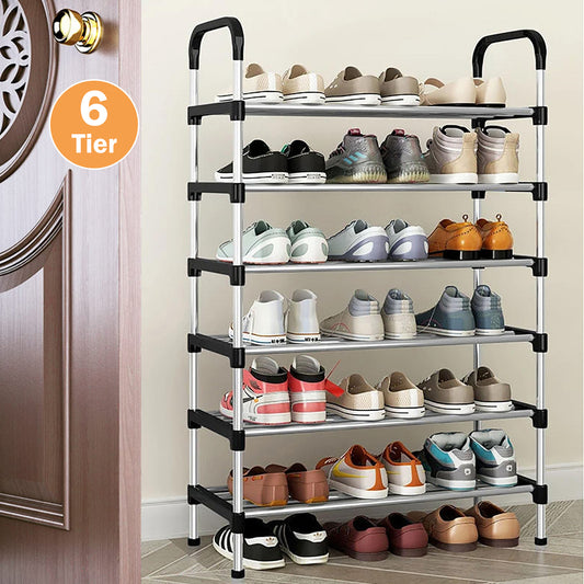 6-Tier Metal Shoe Rack Organizer for Entryway, Multifunctional Shoe Storage Shelf for Hallways, Bedrooms, Bathrooms, Offices, and Living Rooms, Silver and Black