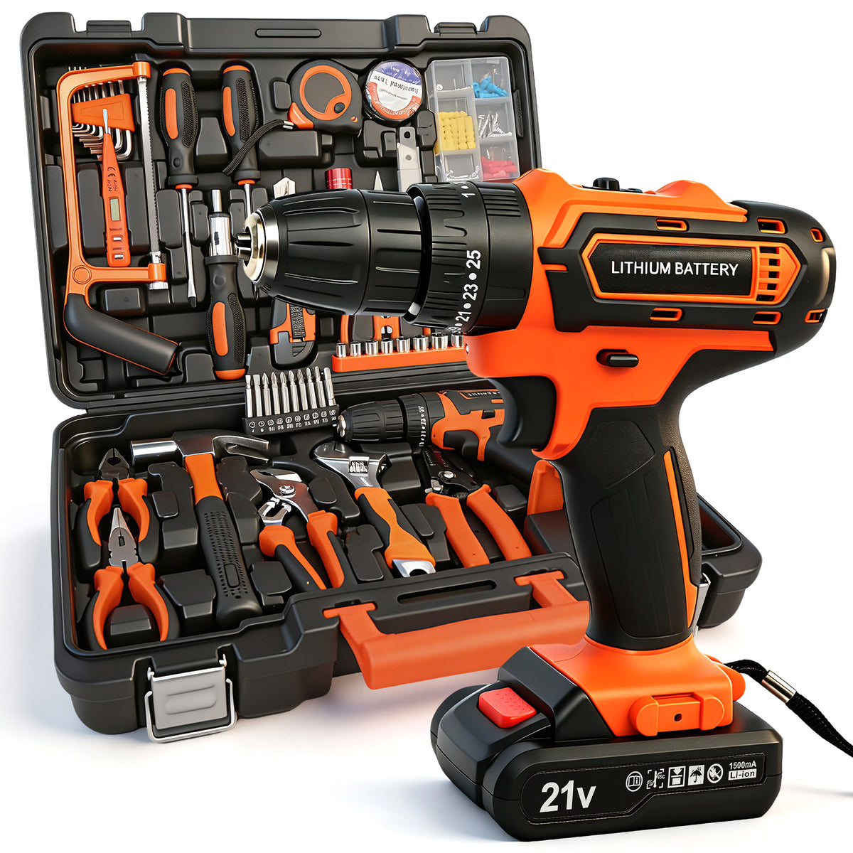 Power Tool Set with 20V Cordless Drill Driver, 113Pcs Household Tool Set, Power Drill Set with Plastic Toolbox, Ideal for Office, Garden, DIY Project