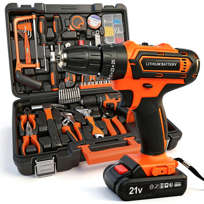 Power Tool Set with 20V Cordless Drill Driver, 113Pcs Household Tool Set, Power Drill Set with Plastic Toolbox, Ideal for Office, Garden, DIY Project