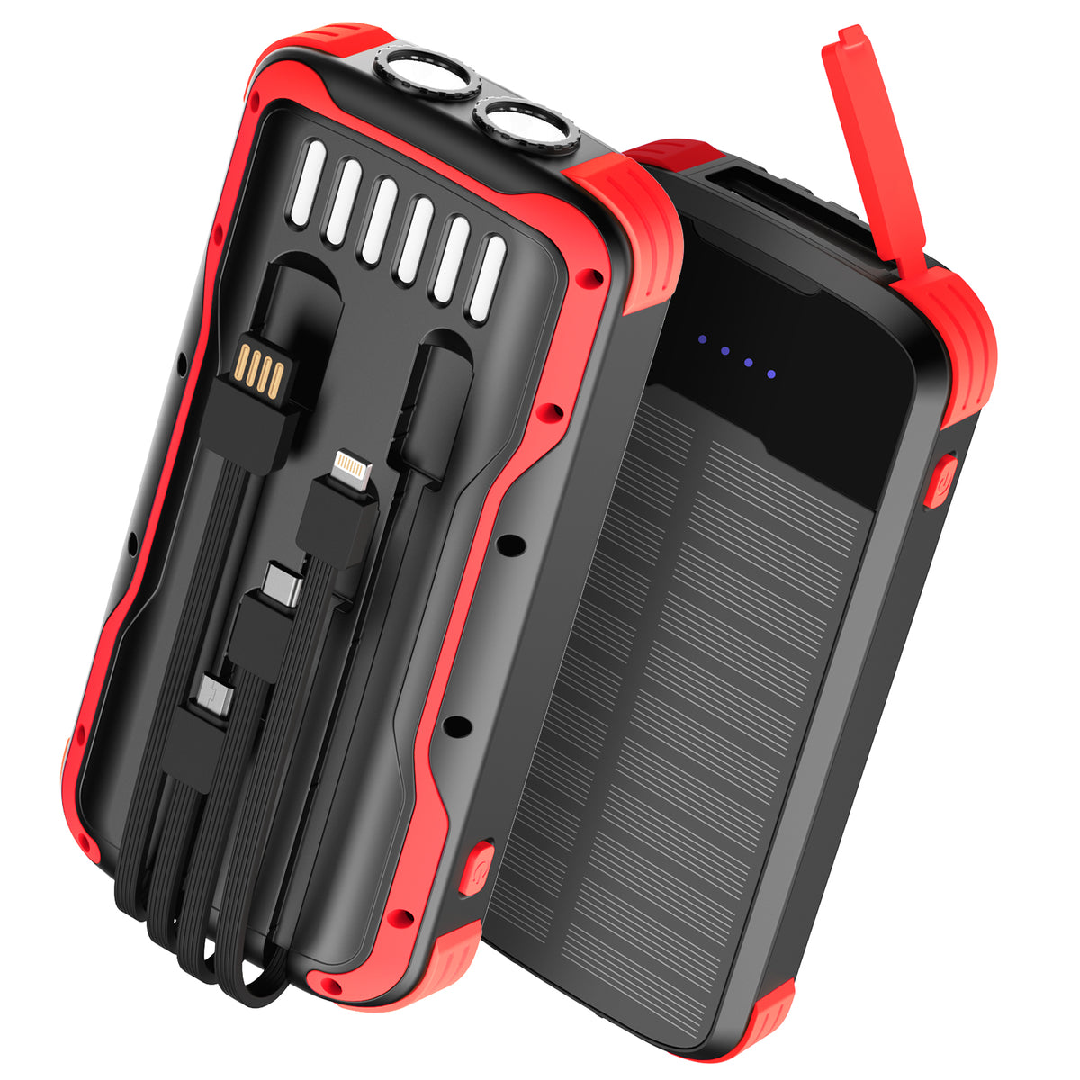 40000mAh Solar Power Bank Red, Portable Charger 20W PD Fast Charging, Solar Charger Power Bank W/4 Built-in Cables & 9 Charging Ways, Waterproof Dual LED Flashlights for Camping Hiking