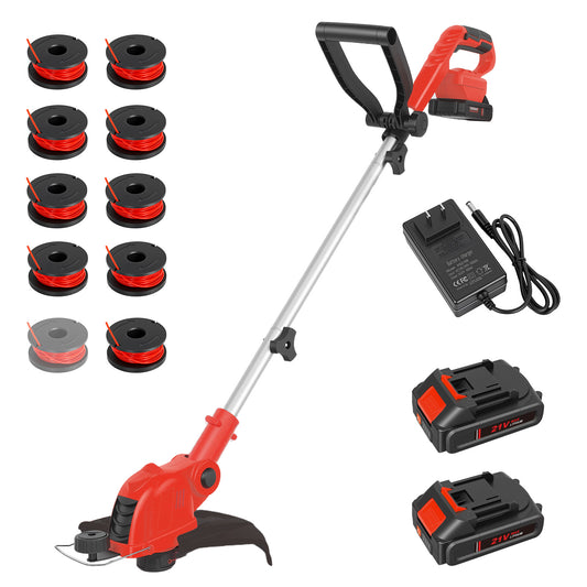 CATGOOD Cordless Weed Wacker, 12 Inch Electric String Trimmer with 10 lines and 2 Batteries, 3-in-1 Lawn Edger with Pivoting Head, Red