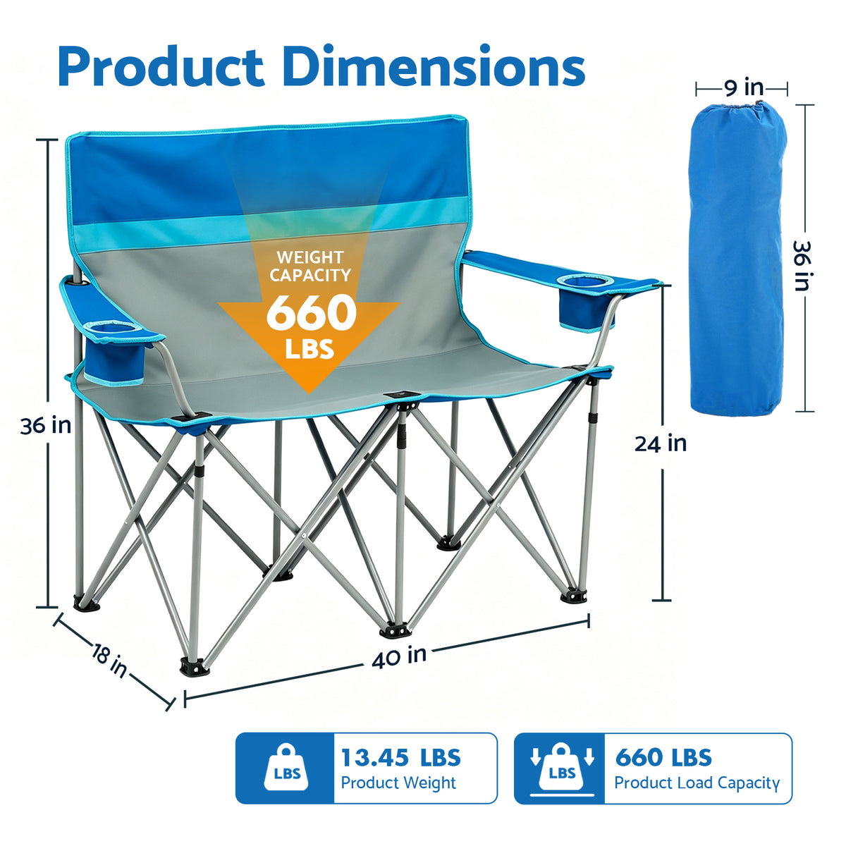 BAOKALER Double Camping Chair for 2 Person, Folding Loveseat Outdoor Chair with 2 Cup Holders, High Back Portable Camping Couch for Beach Picnic, Supports 660 LBS