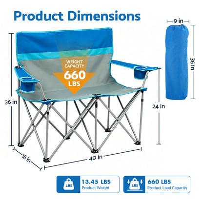BAOKALER Double Camping Chair for 2 Person, Folding Loveseat Outdoor Chair with 2 Cup Holders, High Back Portable Camping Couch for Beach Picnic, Supports 660 LBS