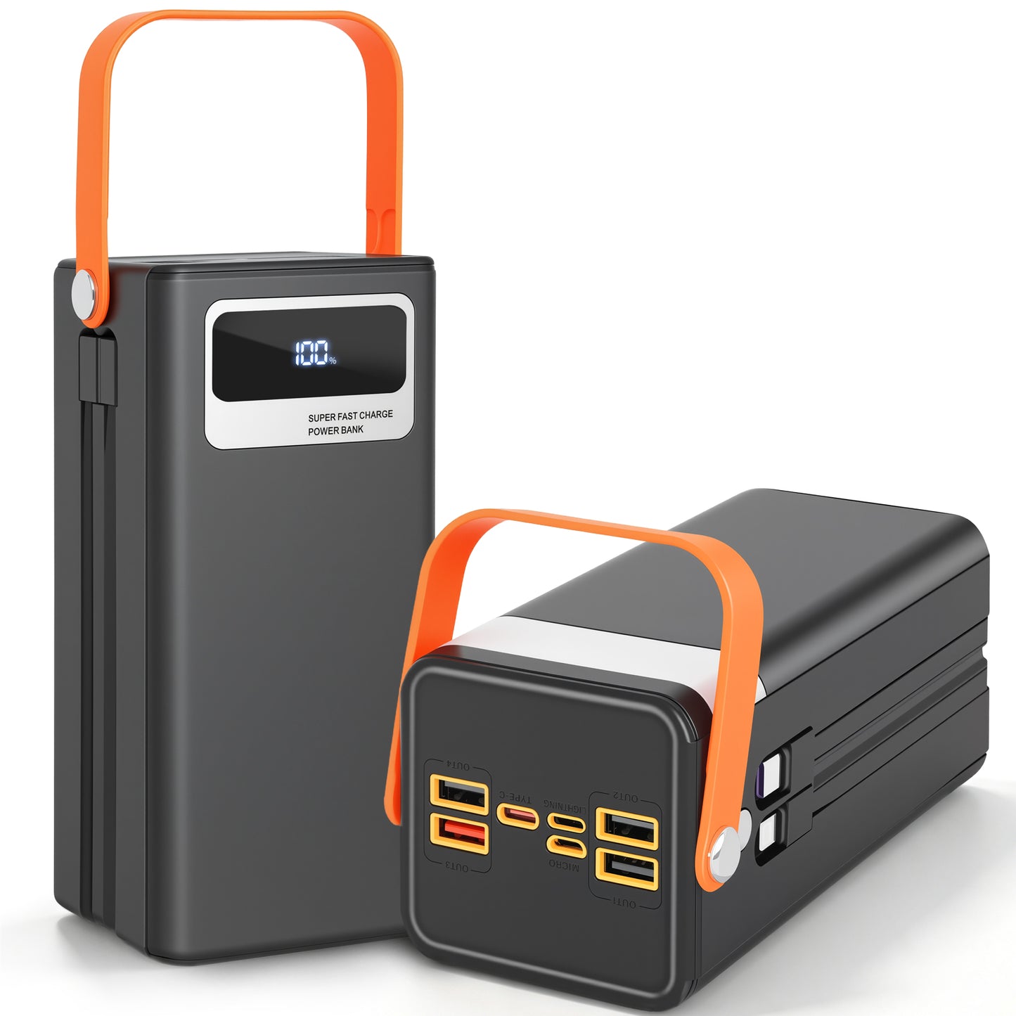 50000mAh Solar Power Bank, 22.5W Fast Charging Power Bank with Built-in Cables, Solar Phone Charger & Solar Battery Charger, 7-Output 3-Input LCD Display, SOS Flashlight for Travel Hiking (Black)
