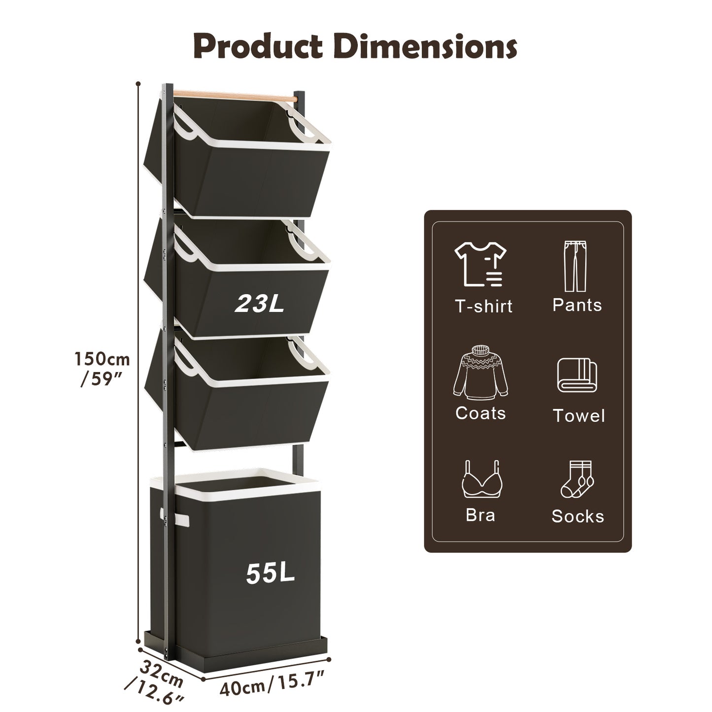 Laundry Hamper, Laundry Basket, 4 Tier Laundry Sorter, Metal Stackable Laundry Basket Organizer with Removable Basket and Removable Bags, 59"x12.6"x15.7" Clothes Organizer Basket, Black