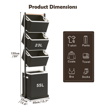 Laundry Hamper, Laundry Basket, 4 Tier Laundry Sorter, Metal Stackable Laundry Basket Organizer with Removable Basket and Removable Bags, 59"x12.6"x15.7" Clothes Organizer Basket, Black
