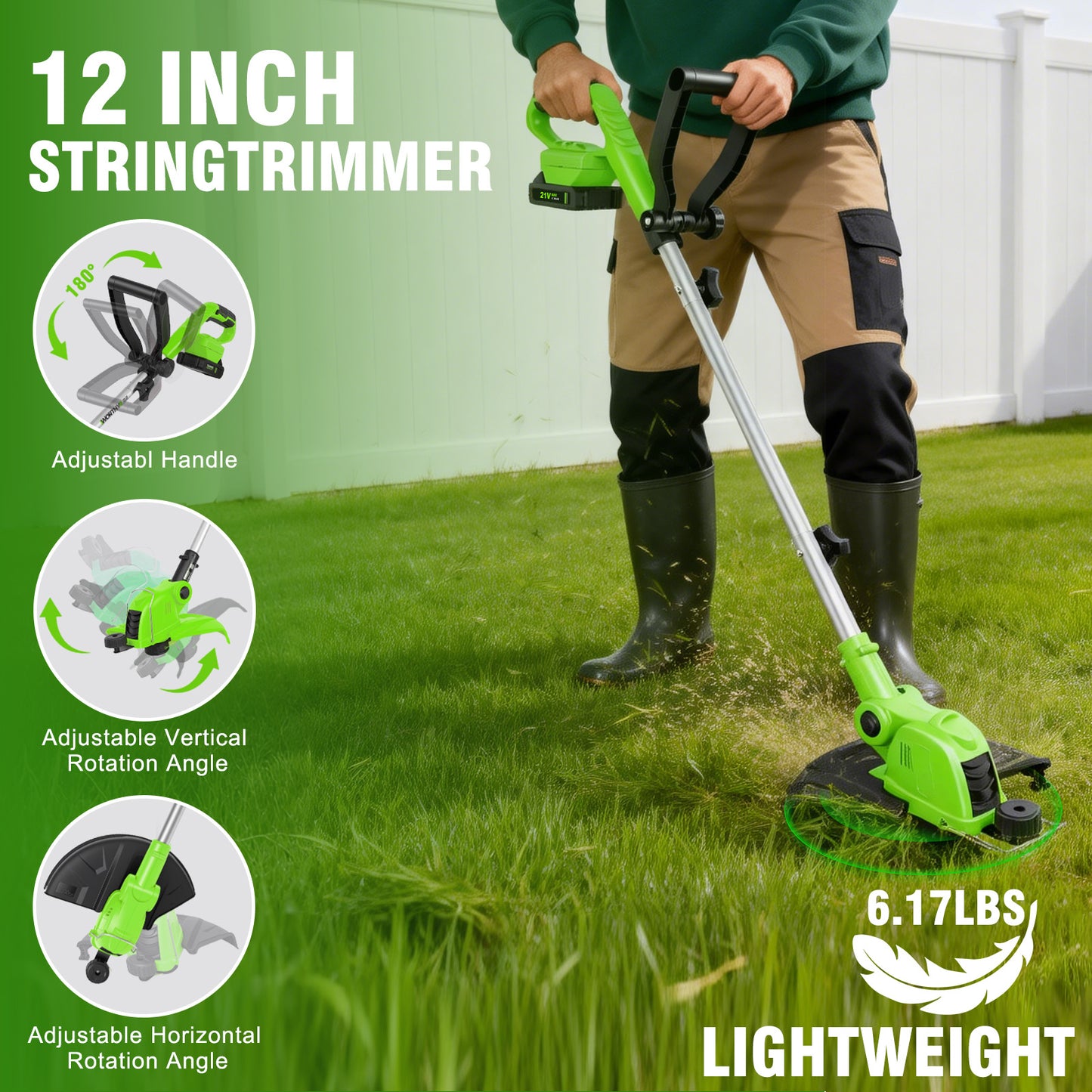 CATGOOD Cordless Weed Wacker, 12 Inch Electric String Trimmer with 10 lines and 2 Batteries, 3-in-1 Lawn Edger with Pivoting Head, Green