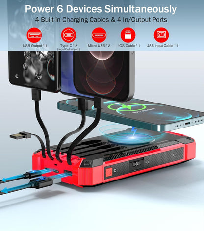 2PK Power Bank Wireless Charger 46800mAh Built in 4 Cables Six Outputs 15W Fast Charging Power Bank for All Mobile Devices Three Inputs Solar Portable Charger with Dual Flashlights, Carabiner(Red)