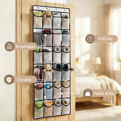 Over The Door Hanging Shoe Organizer, 24 Large Breathable Mesh Pockets, 2 Pack Hanging Shoe Storage Organizer, White
