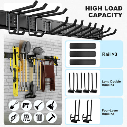 ALSO GO Wall Mount Tool Storage Rack with Hooks, Garage Tool Storage Rack, Heavy Duty Garage Storage Organizer, Hold up to 440LBS, Black