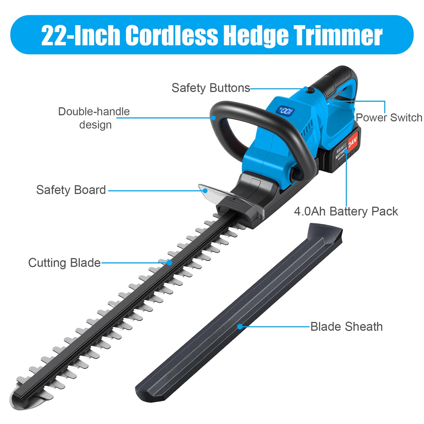 22" Cordless Hedge Trimmer with 180～ Rotatable Head, 21V Electric Bush Trimmer with 2 x 4000mAh Batteries, 1000W 24000r/min Motor, 66Mn Steel Blade for Garden Yard, Blue