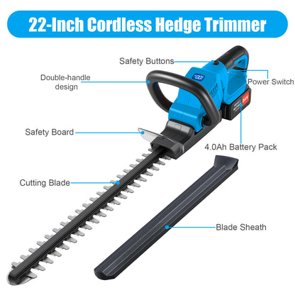 22" Cordless Hedge Trimmer with 180～ Rotatable Head, 21V Electric Bush Trimmer with 2 x 4000mAh Batteries, 1000W 24000r/min Motor, 66Mn Steel Blade for Garden Yard, Blue